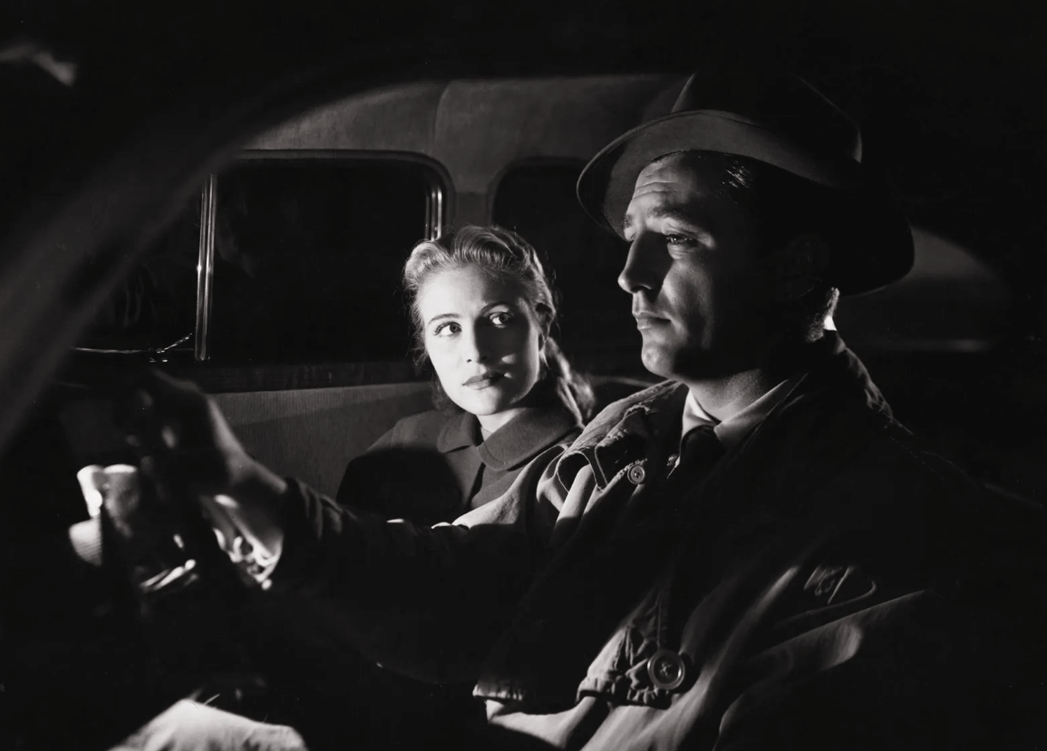 Out of the Past, 1947 High contrast hard cinematic lighting for car scene in Out of the Past